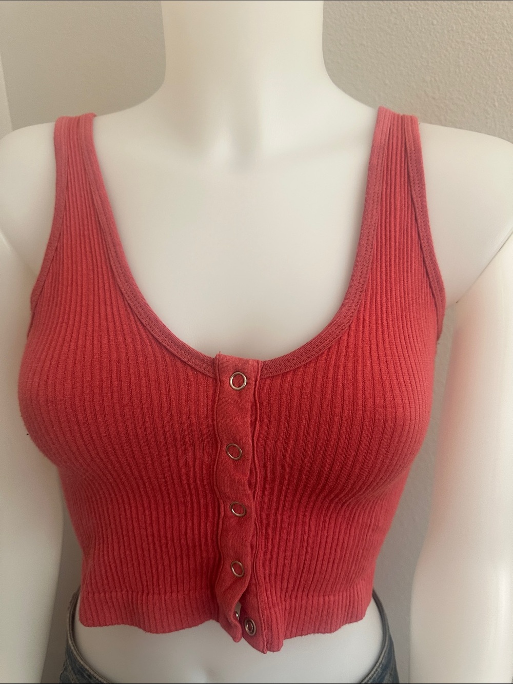 Urban Outfitters Ribbed Button-Front Crop Tank in Coral